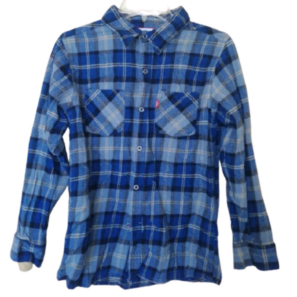 Levis Blue and Yelllow Checked Flannel Shirt Boys Large 16 18  ---